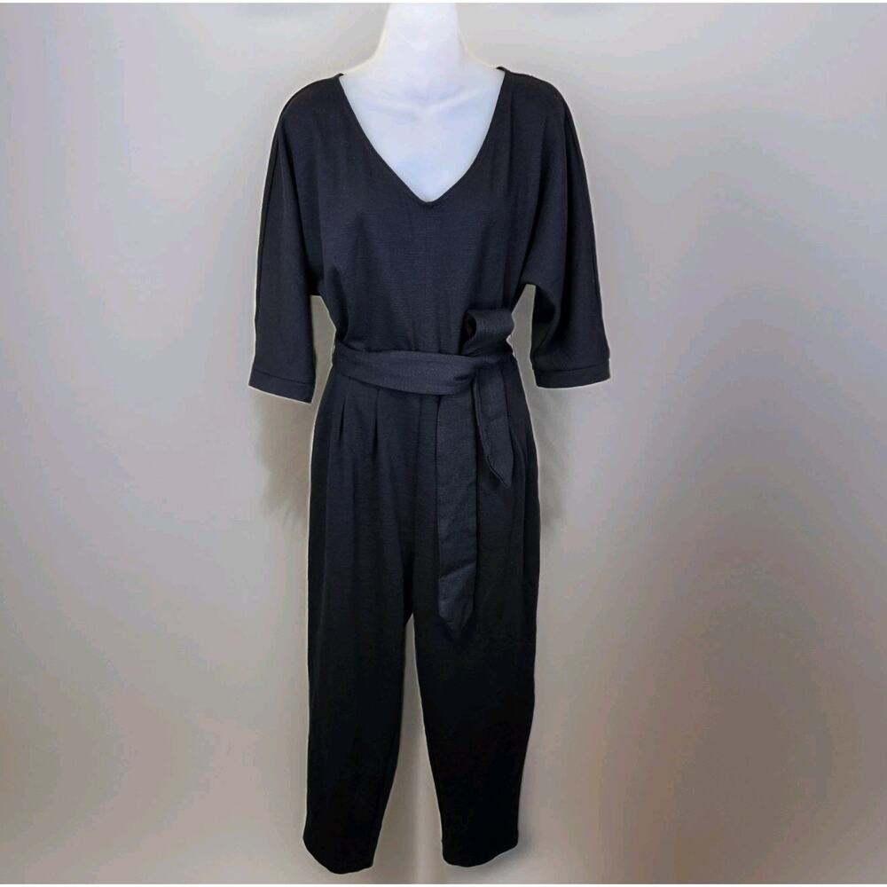 Anthropologie Sutton Jumpsuit MP Black Ponte Belted Pockets Lounge Minimal Crop - Picture 3 of 16